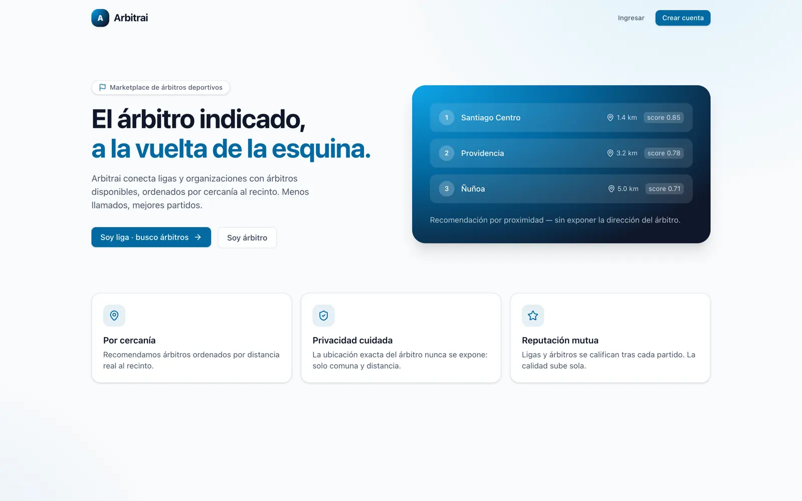 Pantalla de Arbitrai: arbitros recomendados por cercania al recinto.