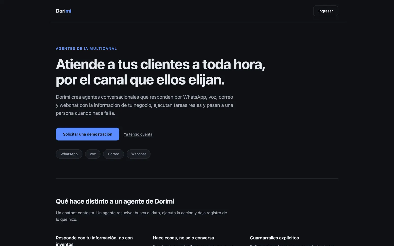 Pantalla de Dorimi: agentes de IA que atienden por WhatsApp, voz, correo y webchat.