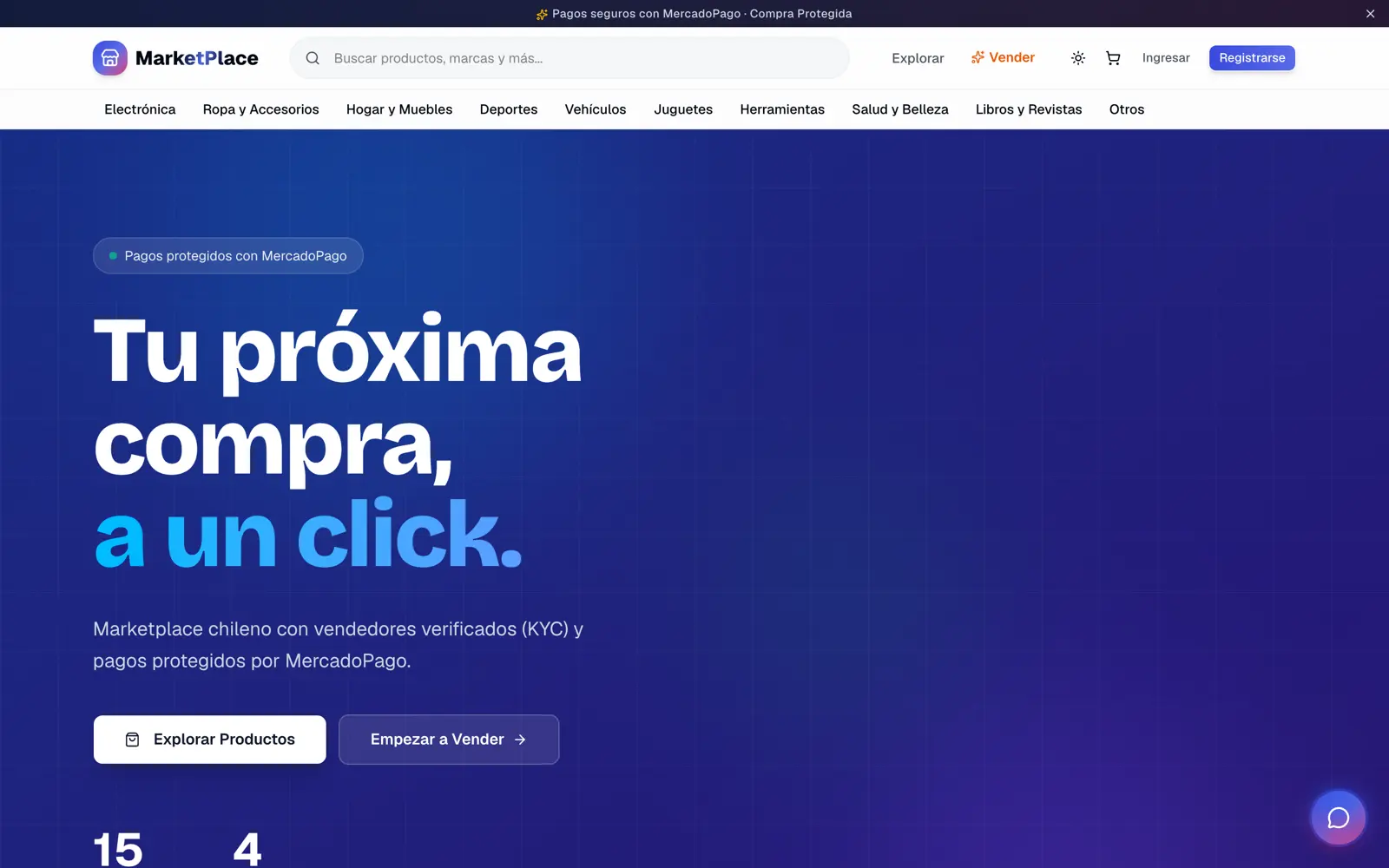 Pantalla de MarketPlace: catalogo con pagos protegidos y vendedores verificados.