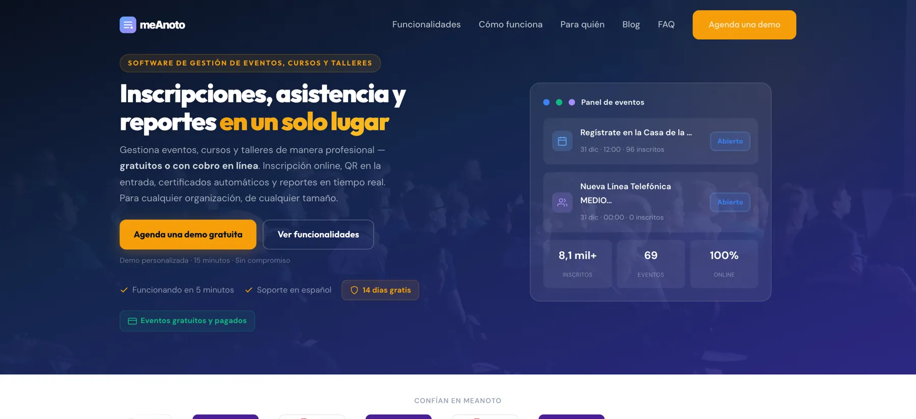 Pantalla de meAnoto: panel de eventos con inscritos, asistencia y reportes en tiempo real.