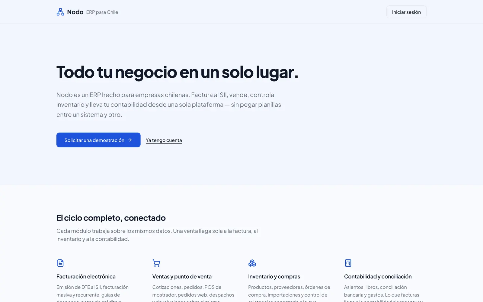 Pantalla de Nodo: el ERP chileno con facturacion, ventas, inventario y contabilidad.