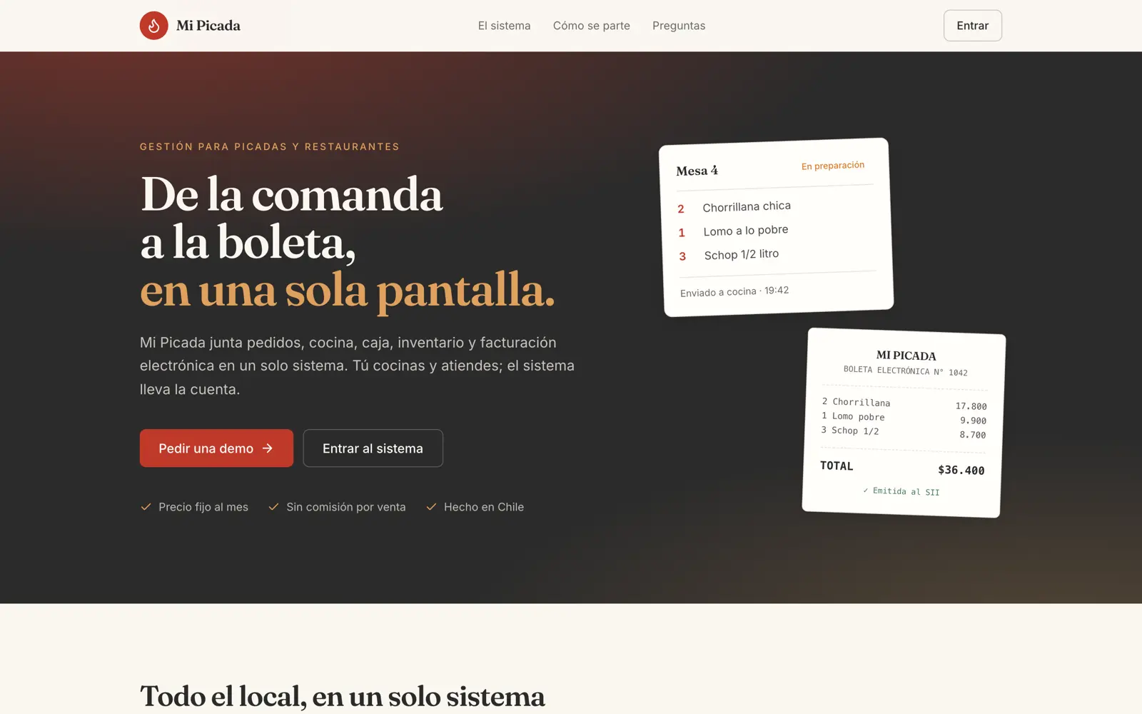 Pantalla de Mi Picada: comanda y boleta electronica del restaurante.