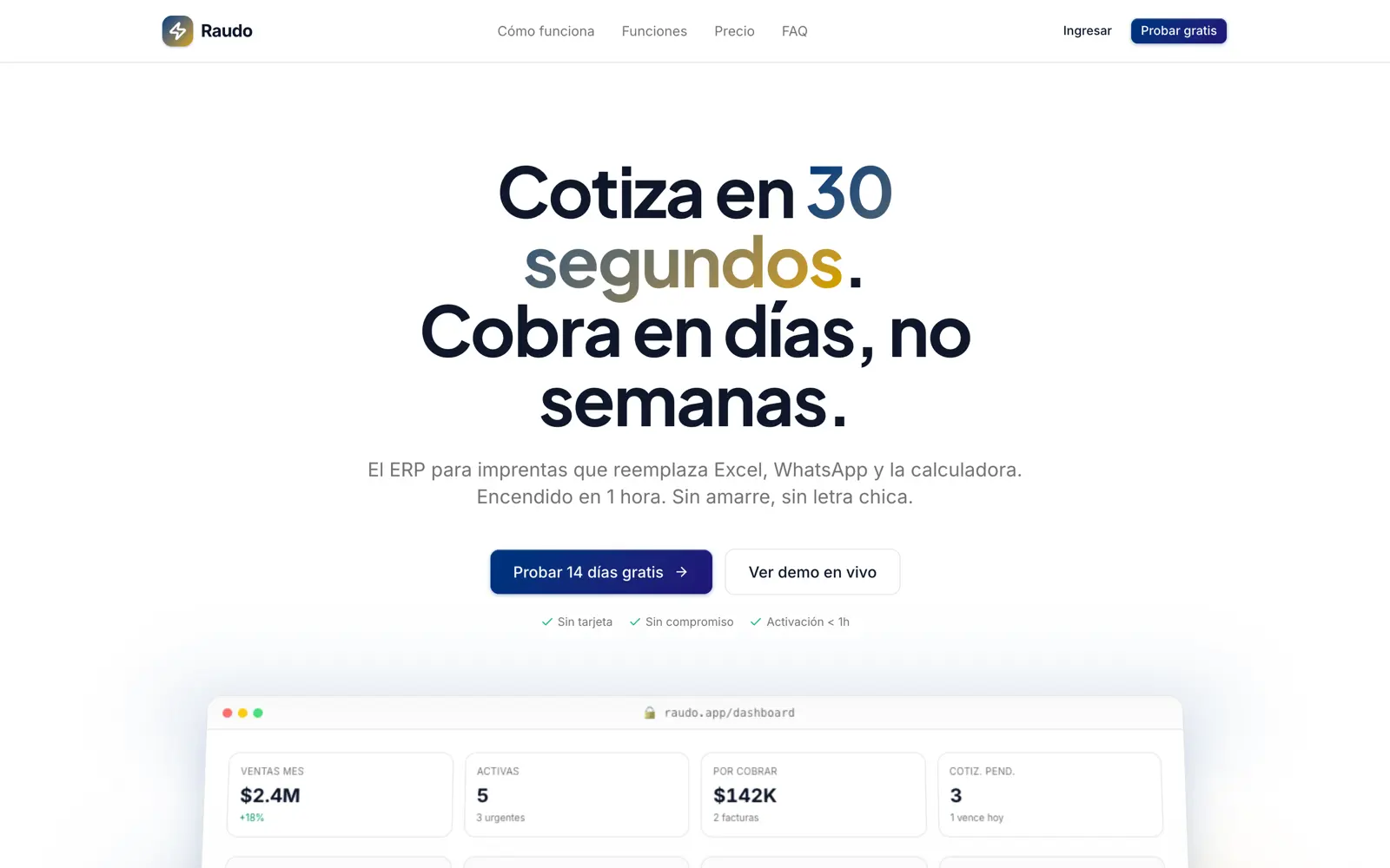Pantalla de Raudo: cotizador y tablero de ordenes para imprentas.