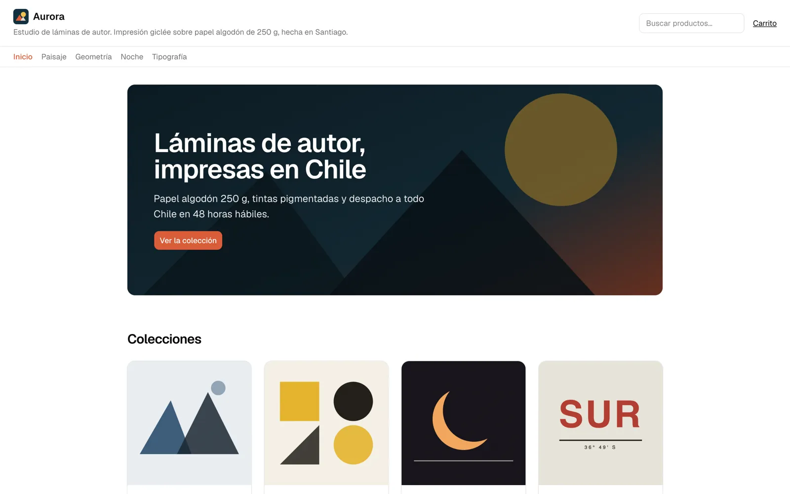 Tienda demo Aurora montada sobre Tienda Online: portada, colecciones y catalogo con precios en pesos.