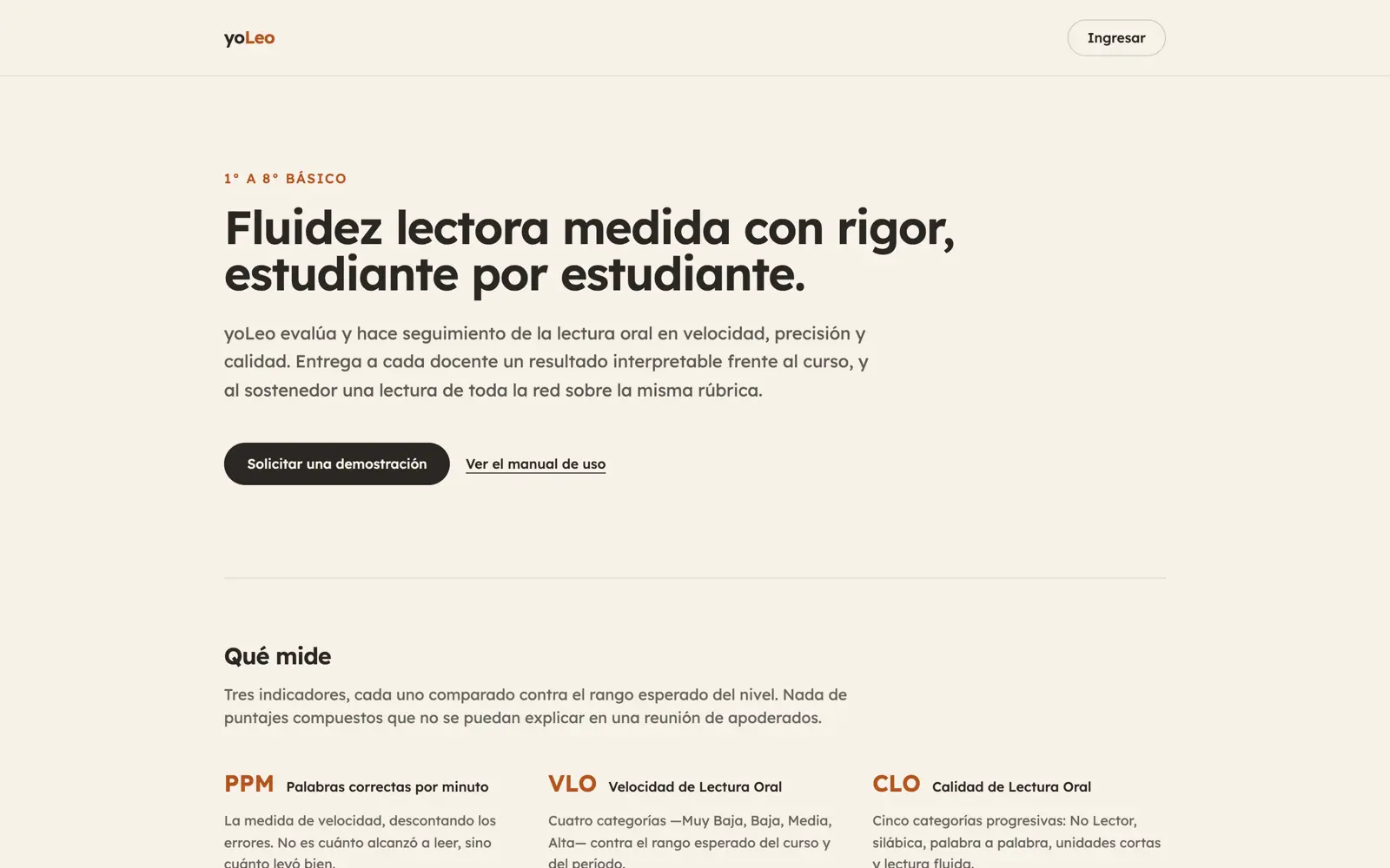 Pantalla de yoLeo: evaluacion de fluidez lectora de 1 a 8 basico.